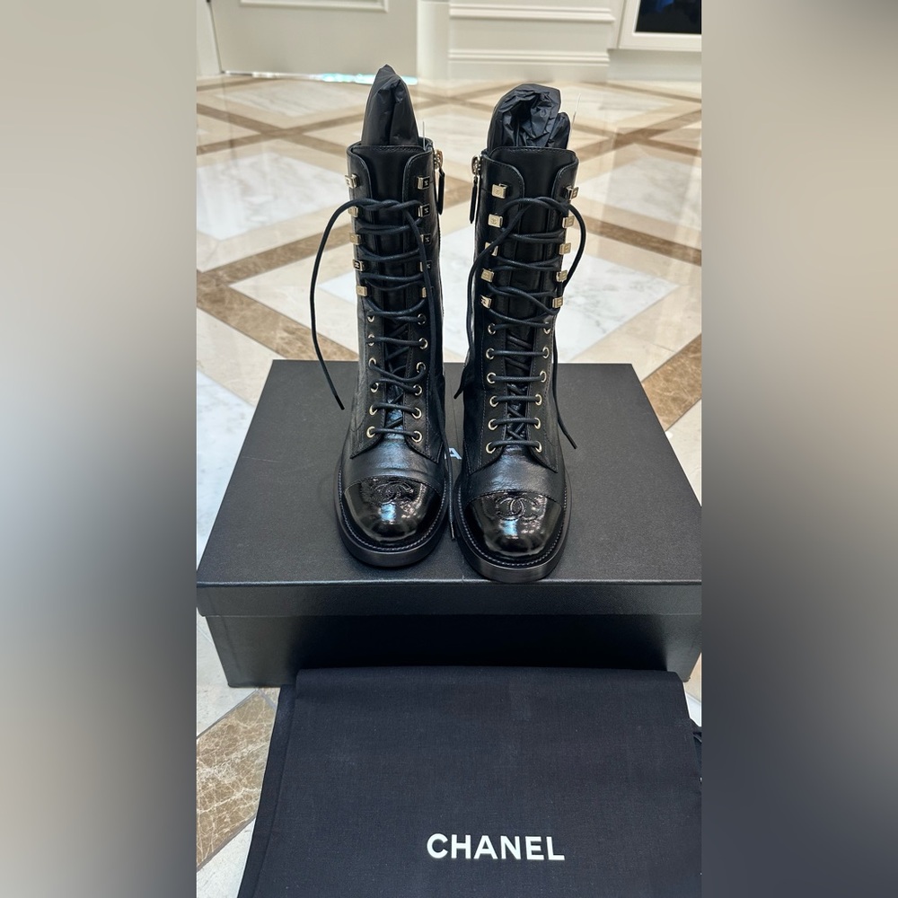 CHANEL Black Leather Boots; size 37
